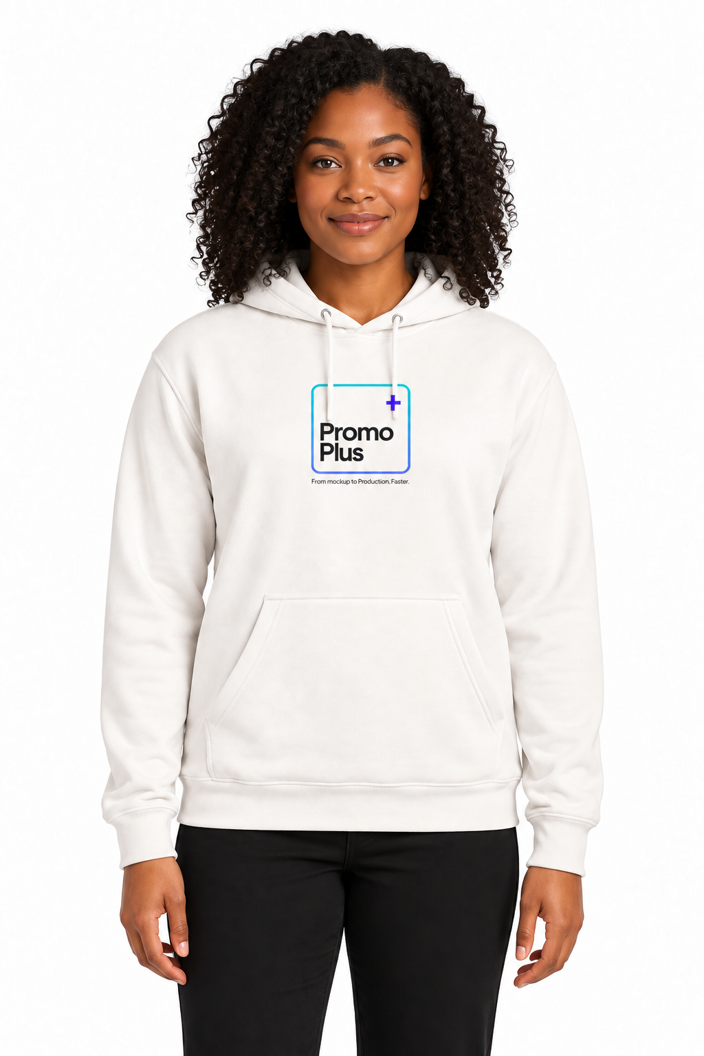 Client reviewing the branded PromoPlus hoodie mockup