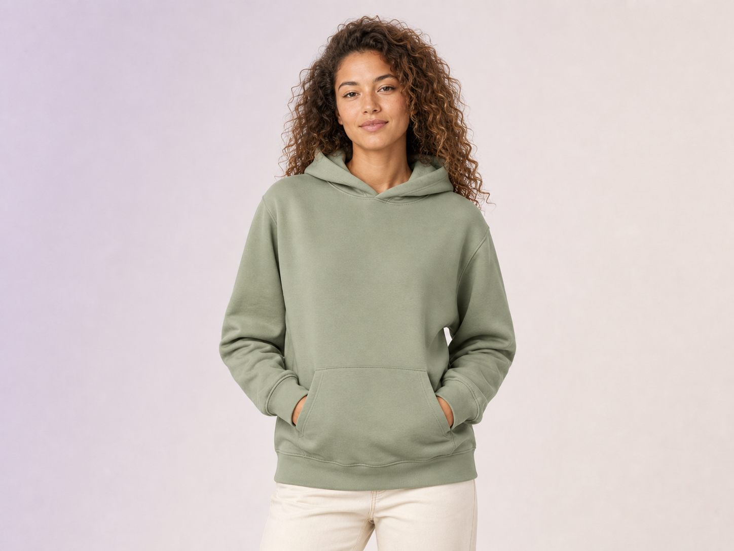 Model wearing a blank premium hoodie ready for customization