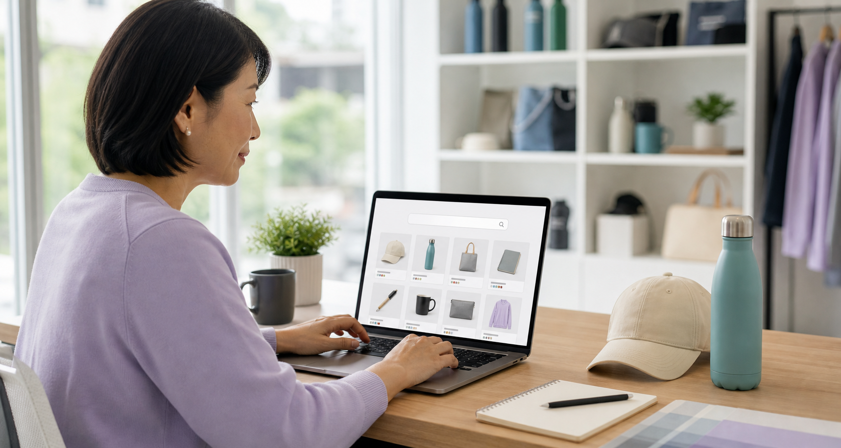A promotional products buyer comparing catalog results with physical product samples