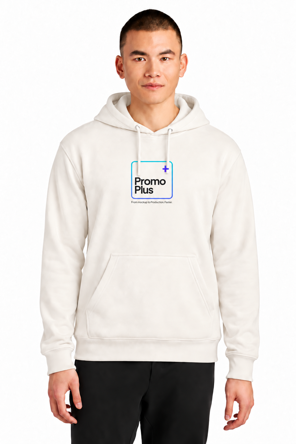 Model wearing a branded white PromoPlus hoodie inside the mockup designer