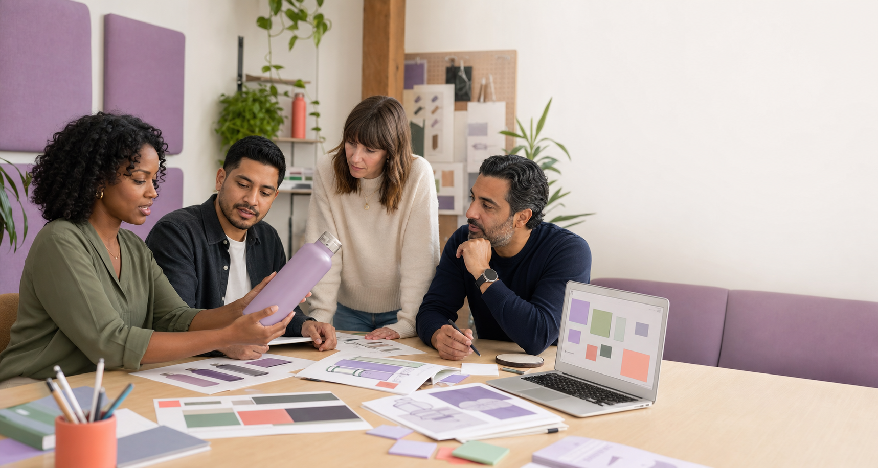 Sales, design, operations, and leadership reviewing a promotional bottle project together