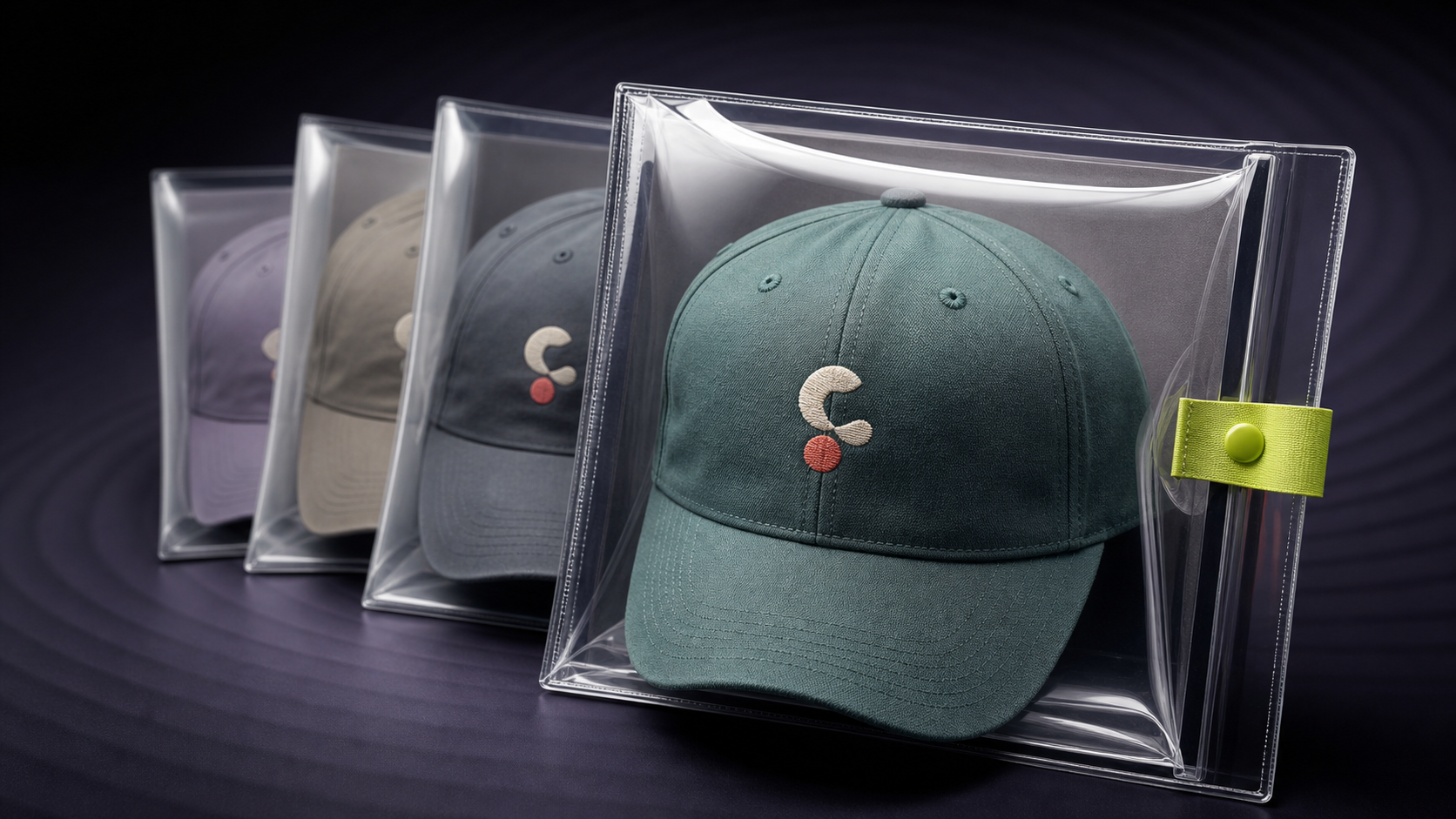 Final approved cap proof secured in a clear sleeve while older versions recede behind it