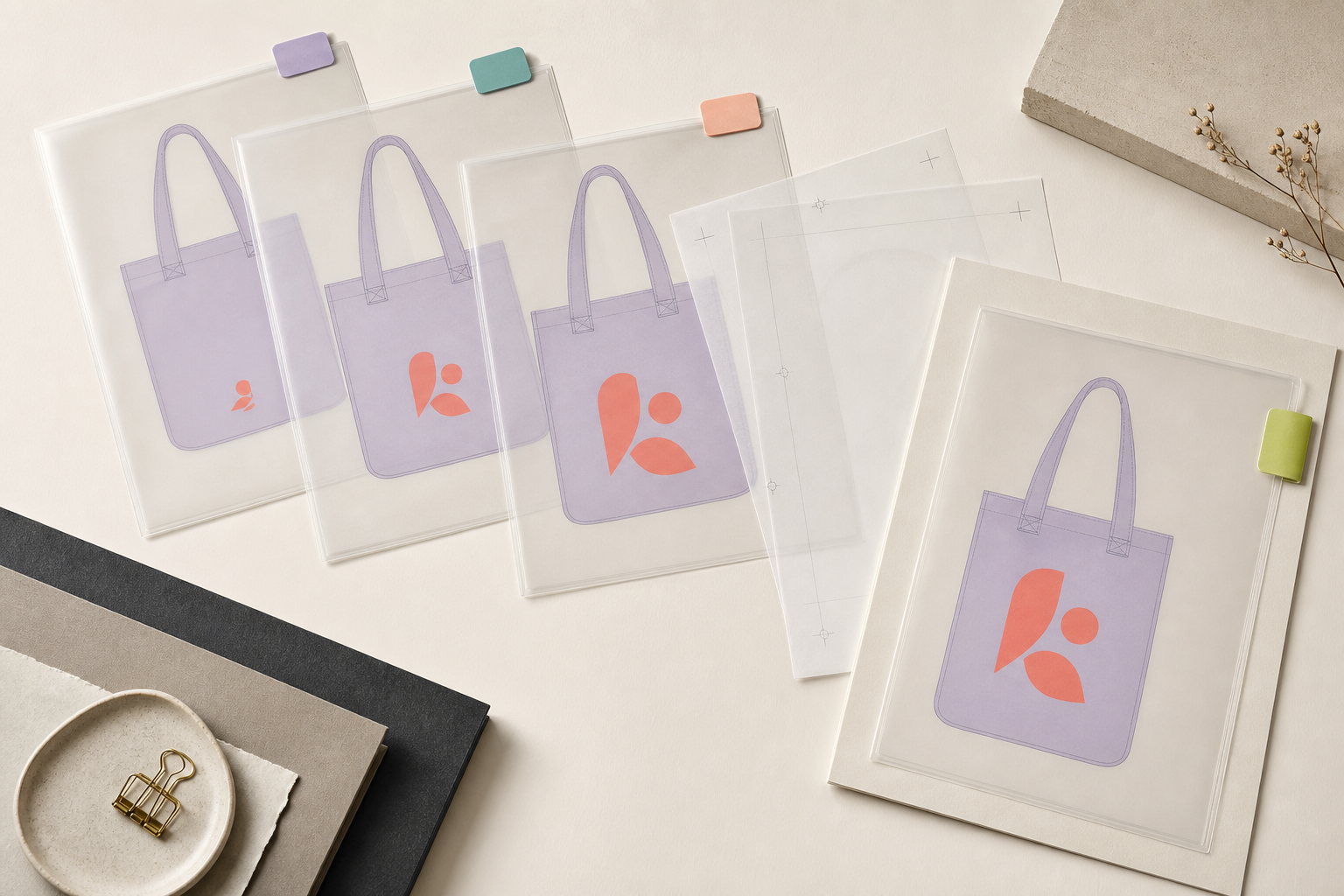 Four organized proof sleeves showing the progression of one tote bag artwork design