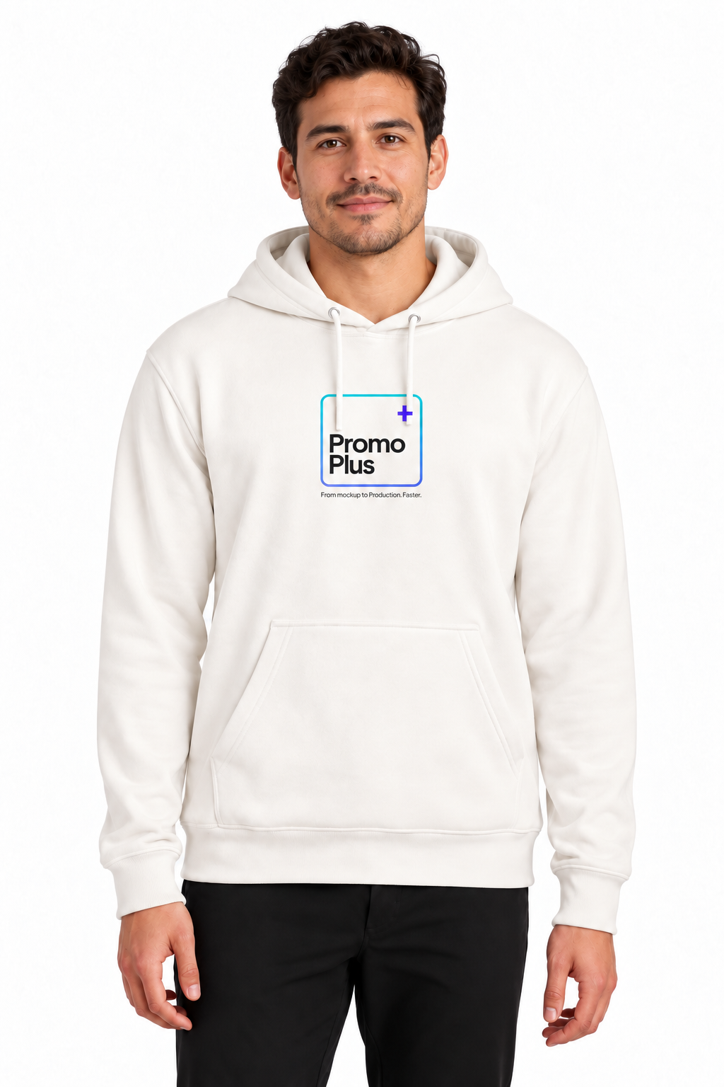 Latino model wearing a branded PromoPlus hoodie with three clearly identified artwork states