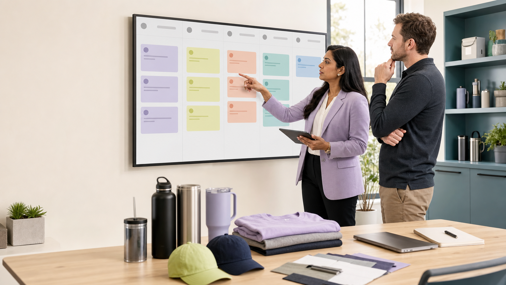 Operations team reviewing promotional-product project statuses on a large display