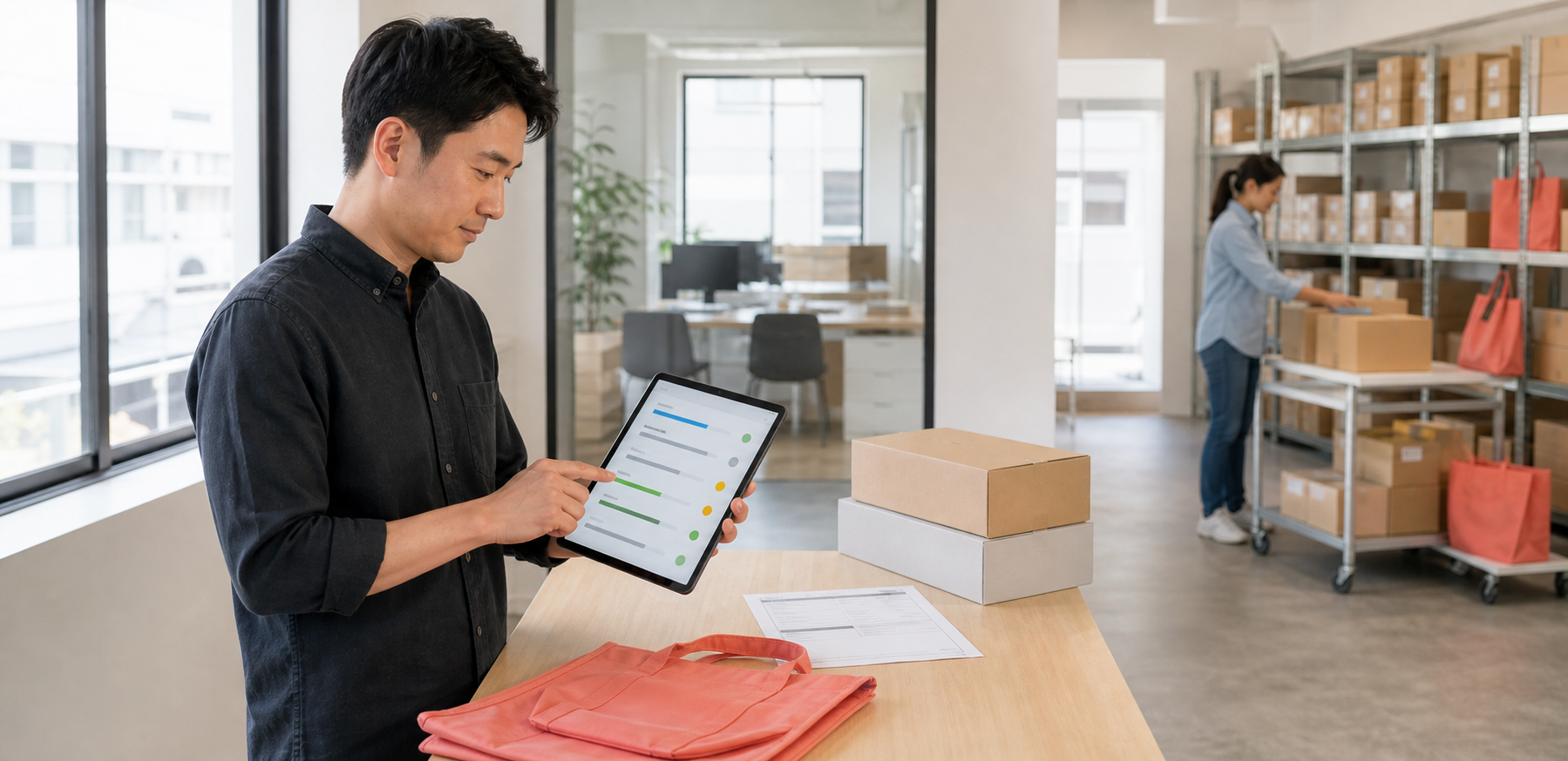 Business owner checking project status while production orders are prepared