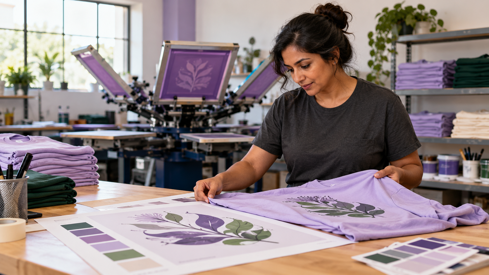 Decorator comparing approved artwork and color specifications with the finished garment