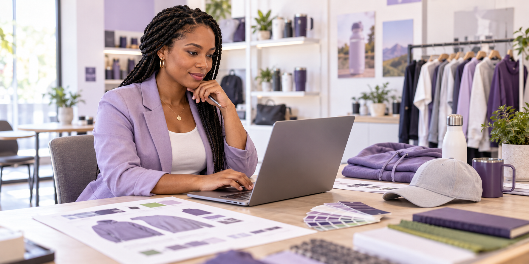Promotional products distributor coordinating artwork, product samples, and an approval proof