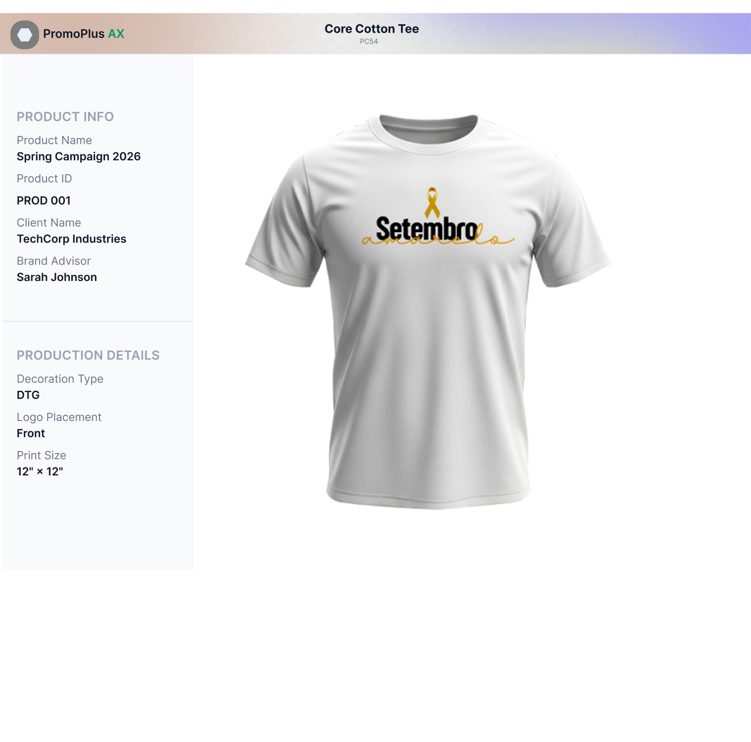 Original PromoPlus product proof showing the decorated Core Cotton Tee and production details